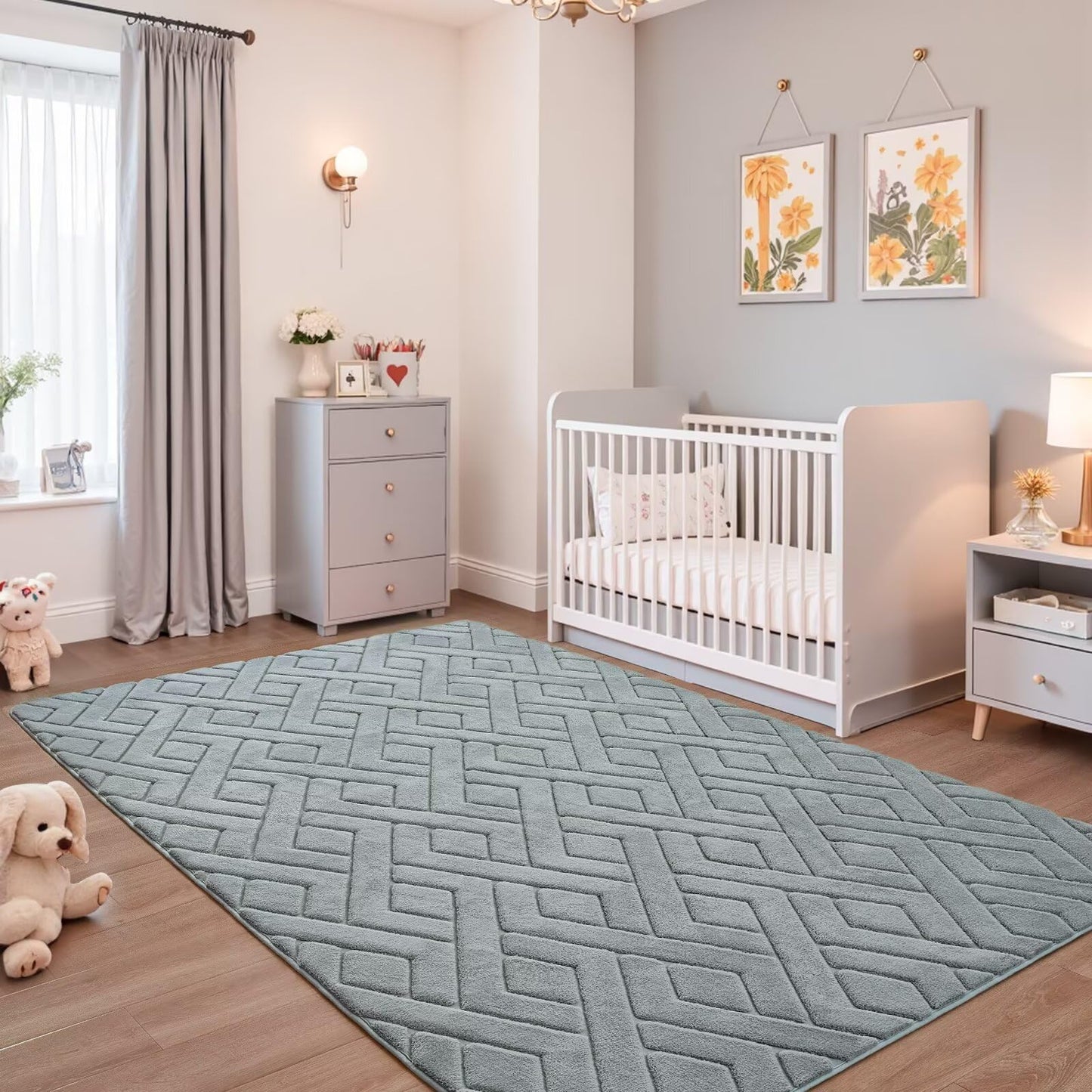 Flagover 3x5 Grey Washable Area Rug for Bedroom, Modern Geometric Shag Non-Slip Living Room Rugs, Fluffy Plush Soft Memory Foam Carpet for Kids Boys Room Nursery Room Dorm Bedside Decor