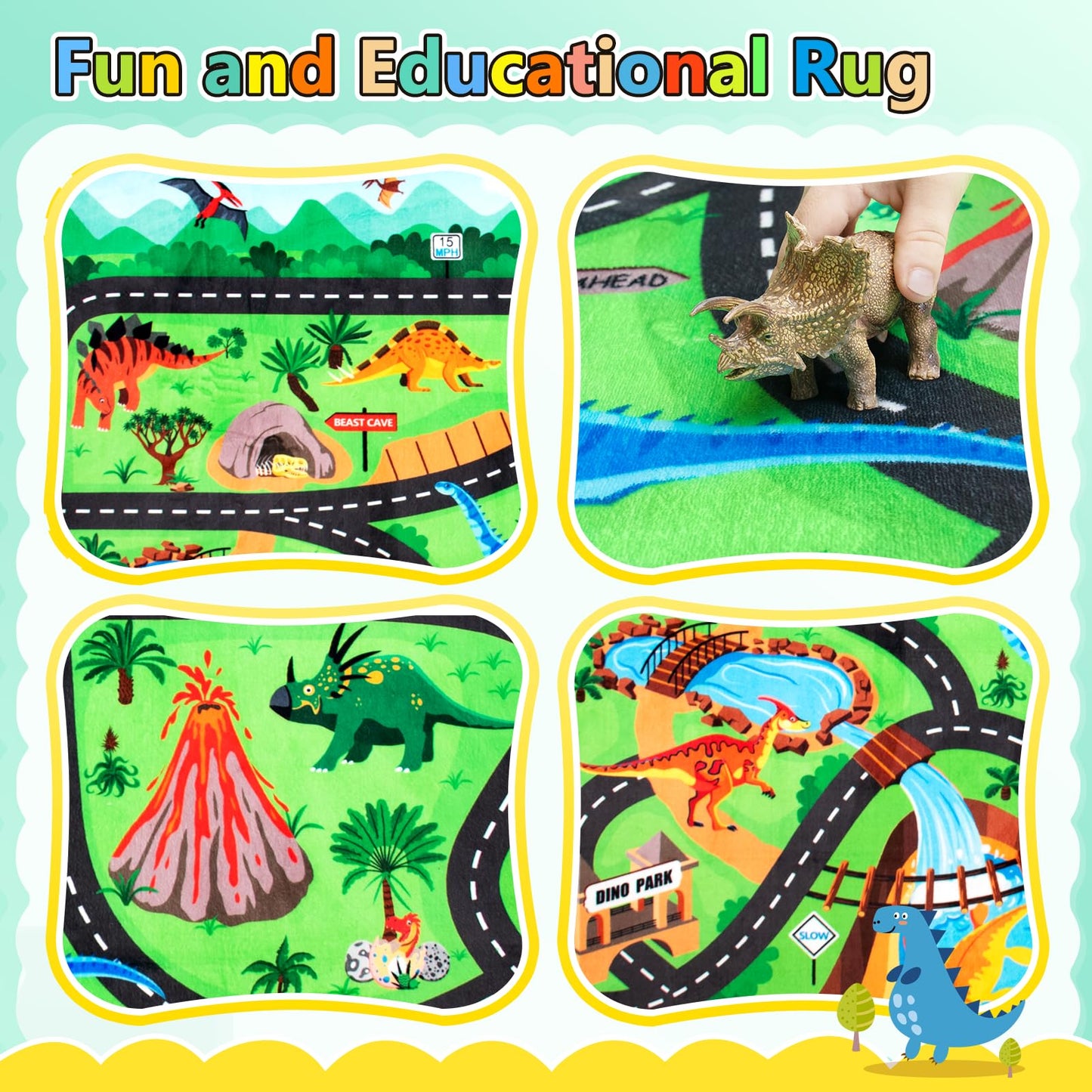 Diysani Kids Rug, Car Carpet for Kids' Toy Cars, 5x7 Ft Dinosaur Rug, Dino Safari Road Mat for Playroom, Educational Learning & Game Area Playmat Carpet for Children
