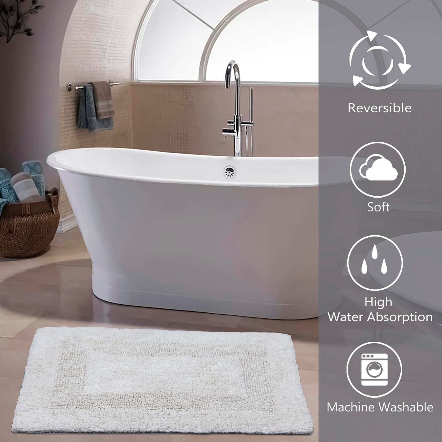 KEMA Bathroom Rugs 17"x24", Cotton Reversible Bath Mat for Bathroom Ultra Soft Plush Bath Rugs Water Absorbent Quick Dry Thick Floor Mats for Shower, Restroom, Bedroom, Kitchen (White)