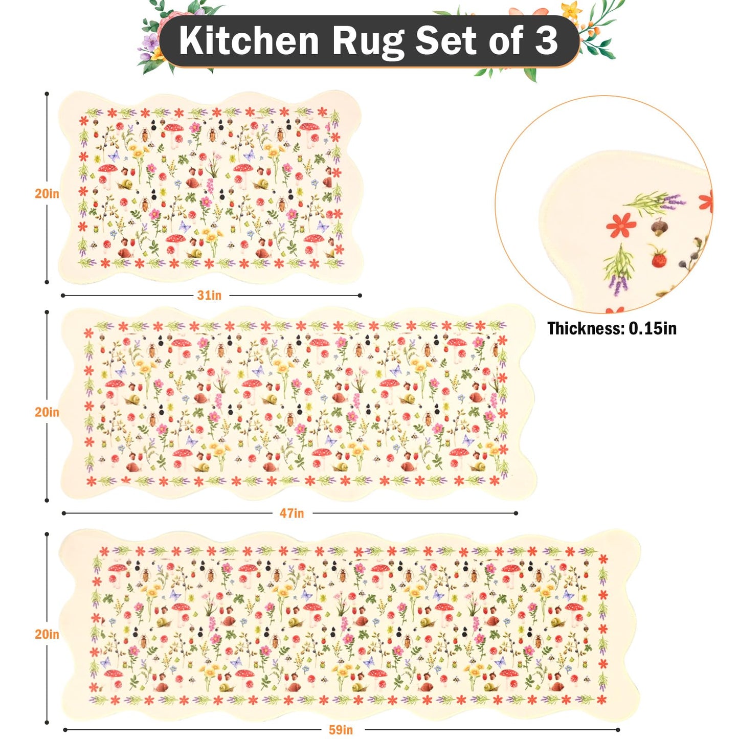 PCSWEET HOME Mushroom Kitchen Rug Set of 3 Scalloped Butterfly Flower Kitchen Rugs and Mats Non-Slip Washable Comfort Standing Mat for Laundry Room, Bar, Office 20 "x32+20 "x47+20 "x59