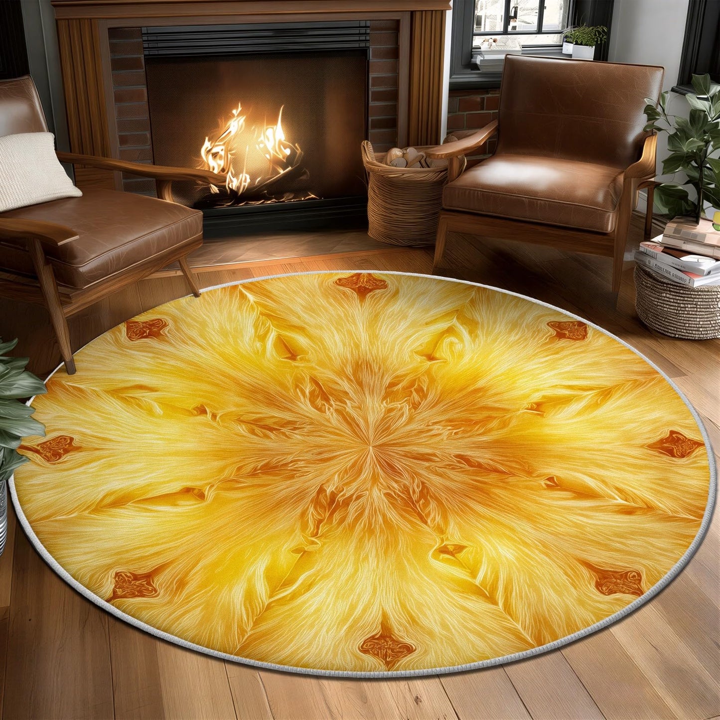Round Rugs for Living Room, Bright Golden Yellow Circular Carpet with Abstract Sunburst Mandala Design, Washable Anti-Slip Soft Floor Mat, Indoor Home Decor Flower Rugs Under Coffee Table 4 ft