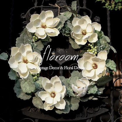 Floroom Floral Wreath, 18" Artificial White Magnolia Wreath for Front Door Wedding Decorations Wall Decor