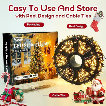 Hishine Outdoor Christmas Lights 82FT 1000LED, String Lights Indoor 8 Modes Waterproof Plug in Christmas Tree Light for Holiday, Warm White