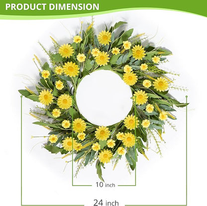 Front Door Wreath for Spring Summer 22"-24" Yellow Daisy Wreath with Artificial Greenery and Wildflowers - Farmhouse Floral Wreaths for Wall Porch Home Indoor Outdoor Décor