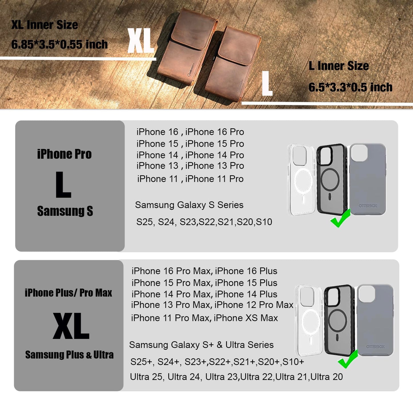 Gentlestache Leather Phone Holster for iPhone 16 Pro, 15 Pro, 14 Pro - Cell Phone Case for Galaxy S25, S24, S23 - Belt Clip Phone Pouch - Fits with Thick Case, Darkbrown-L