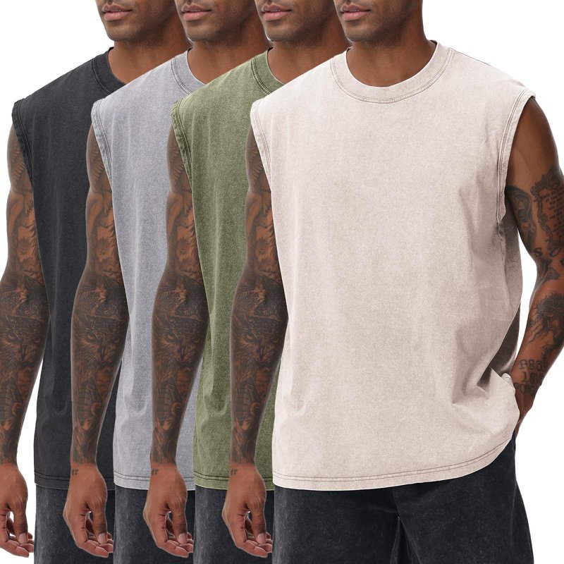 SnowElve 4 Pack Mens Workout Tank Tops Sleeveless Tee Shirts Men Muscle Shirt Gym Acid Wash T Shirts Running Beach Loose Fit Tee(BKGYAGBG,L)