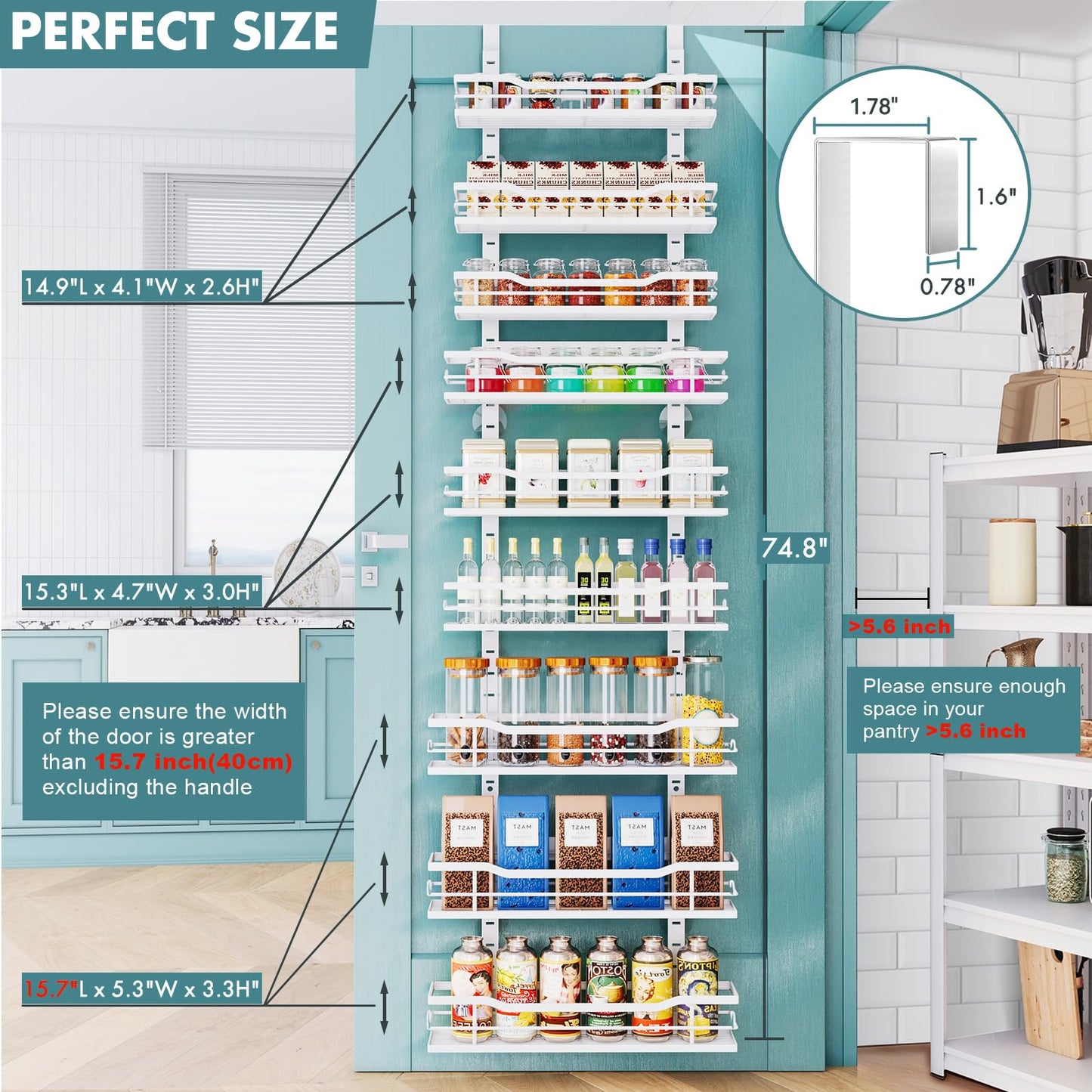 Eastherry Over The Door Pantry Organizer，9-Tier Over The Door Organizer with Adjustable Basket，Metal Hanging Pantry Organizers and Storage for Kitchen, Back of Door Seasoning Rack
