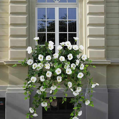 Artificial Flowers Faux Outdoor Plants Artificial Petunias for Outdoors Uv Resistant Fake Petunias Plants Hanging Flower Patio Decor Outside Basket Realistic Silk Plant No Pot(White 2pcs)