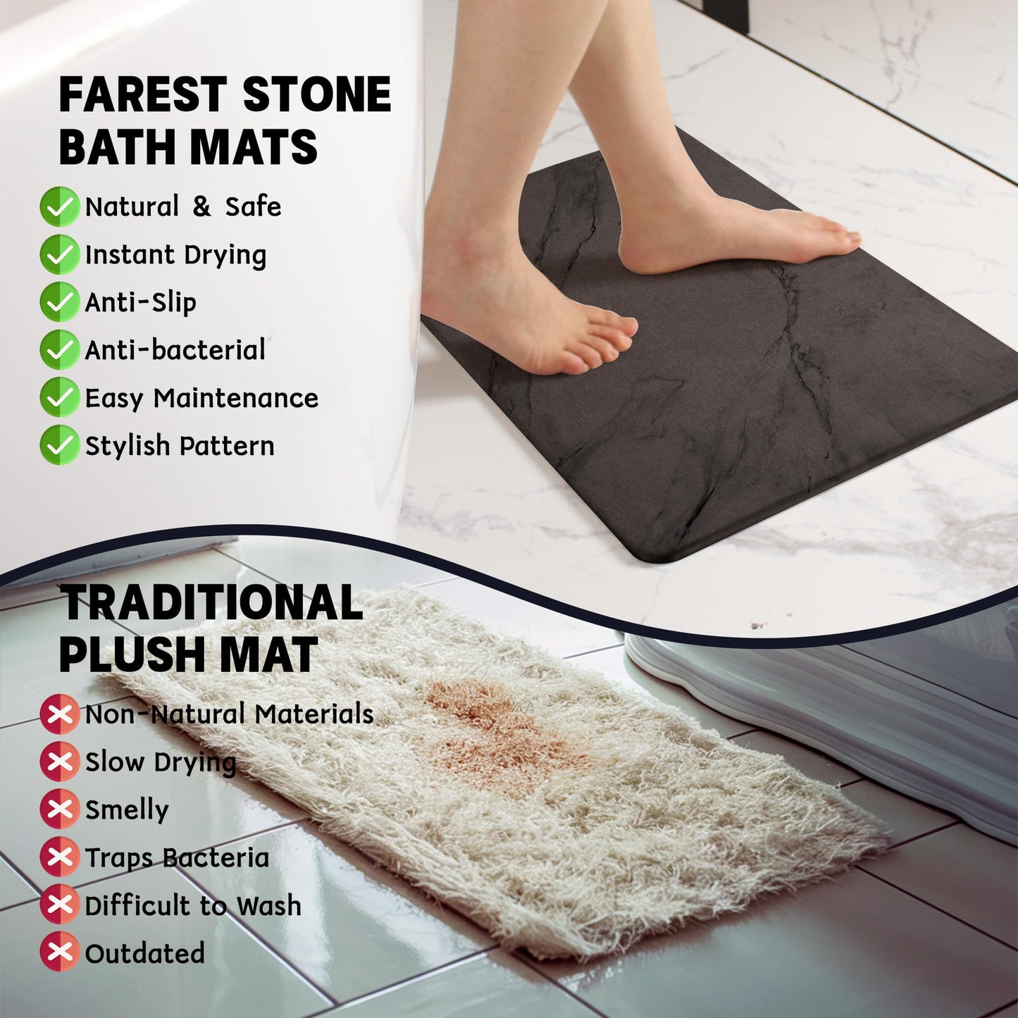 Farest 2 Pack Stone Bath Mat,Diatomaceous Earth Shower Mat,Fast-Drying Stone Bathroom Floor Mat,Absorbent Non-Slip Diatomite Mats for Bathtub,Grey Marble