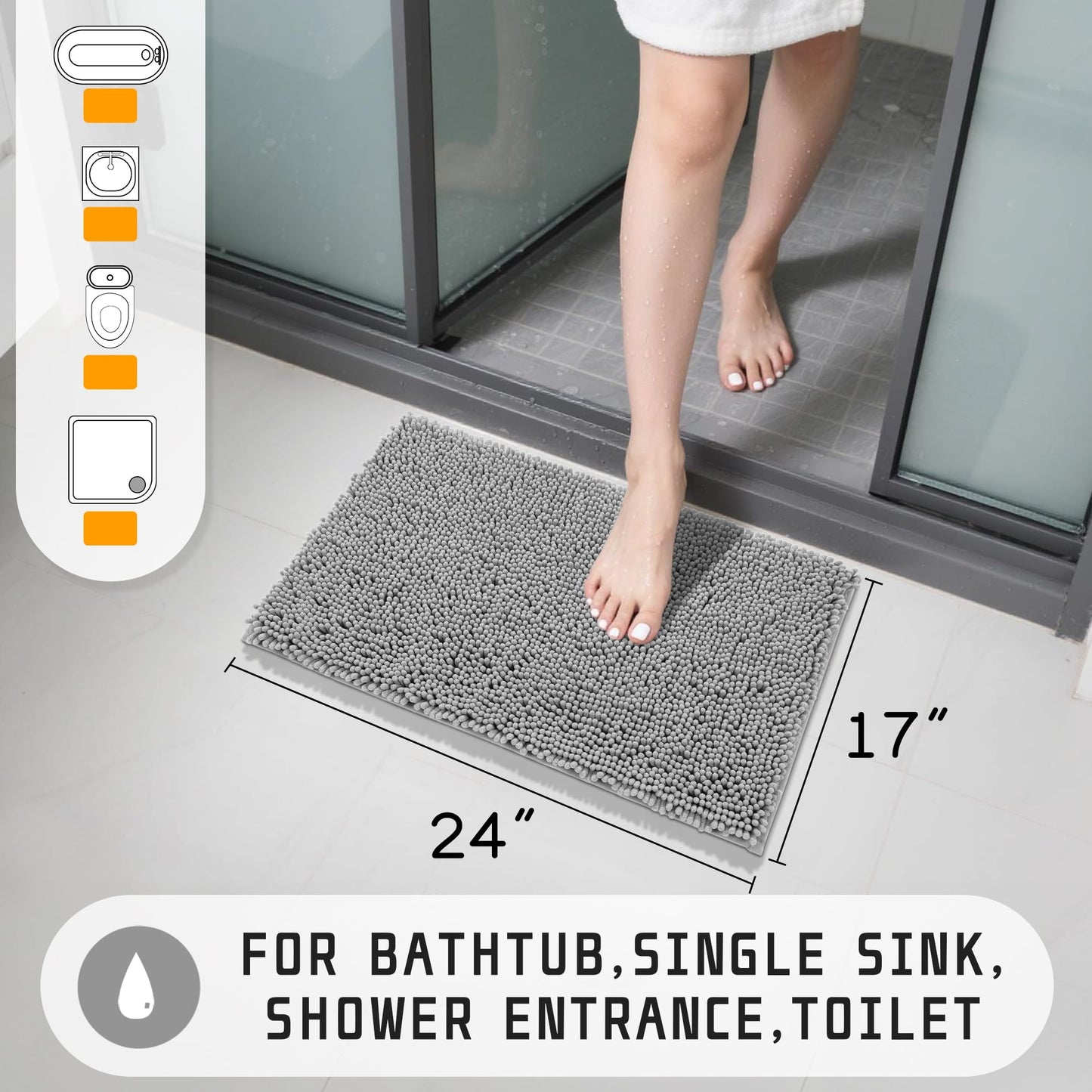 Yimobra Washable Bathroom Rugs, Super Soft & Absorbent Chenille Bath Mat for Floor & Carpet, Quick Dry Non Slip Bath Mat for Tub Shower, 24" x 17",Gray