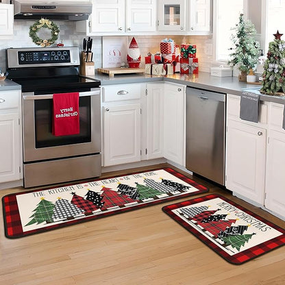 Buffalo Plaid Xmas Trees Merry Christmas Red Kitchen Rugs Set of 2, Non Skid Washable Soft Comfort Kitchen Rugs Set (17"x47"+17"x30",Merry Christmas)