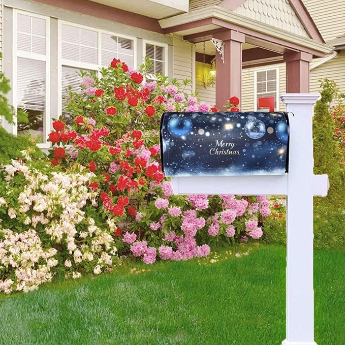 Festive Magnetic Mailbox Cover Christmas Blue Ball Pattern Outdoor Mailbox Protector Holiday Seasonal Decorative Garden Yard Home Large Size 25.5 x 21 Inch