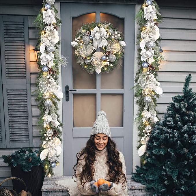 Lighted Christmas Wreath for Front Door with 20 LED Lights,22inch prelit Christmas Wreath with Big Flower and Ball Ornament,Winter Porch Decor,Indoor Outdoor Christmas Silver White Decorations
