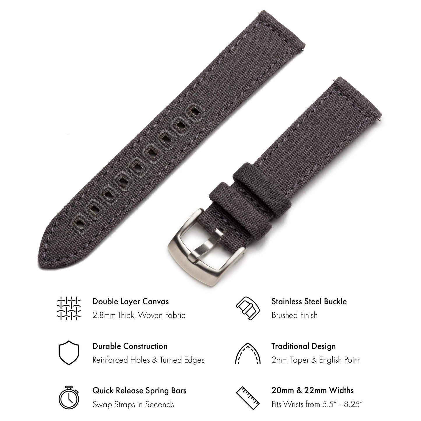 Benchmark Canvas Watch Band - Quick Release Cotton Fabric Watch Straps for Men & Women (22mm, Grey)