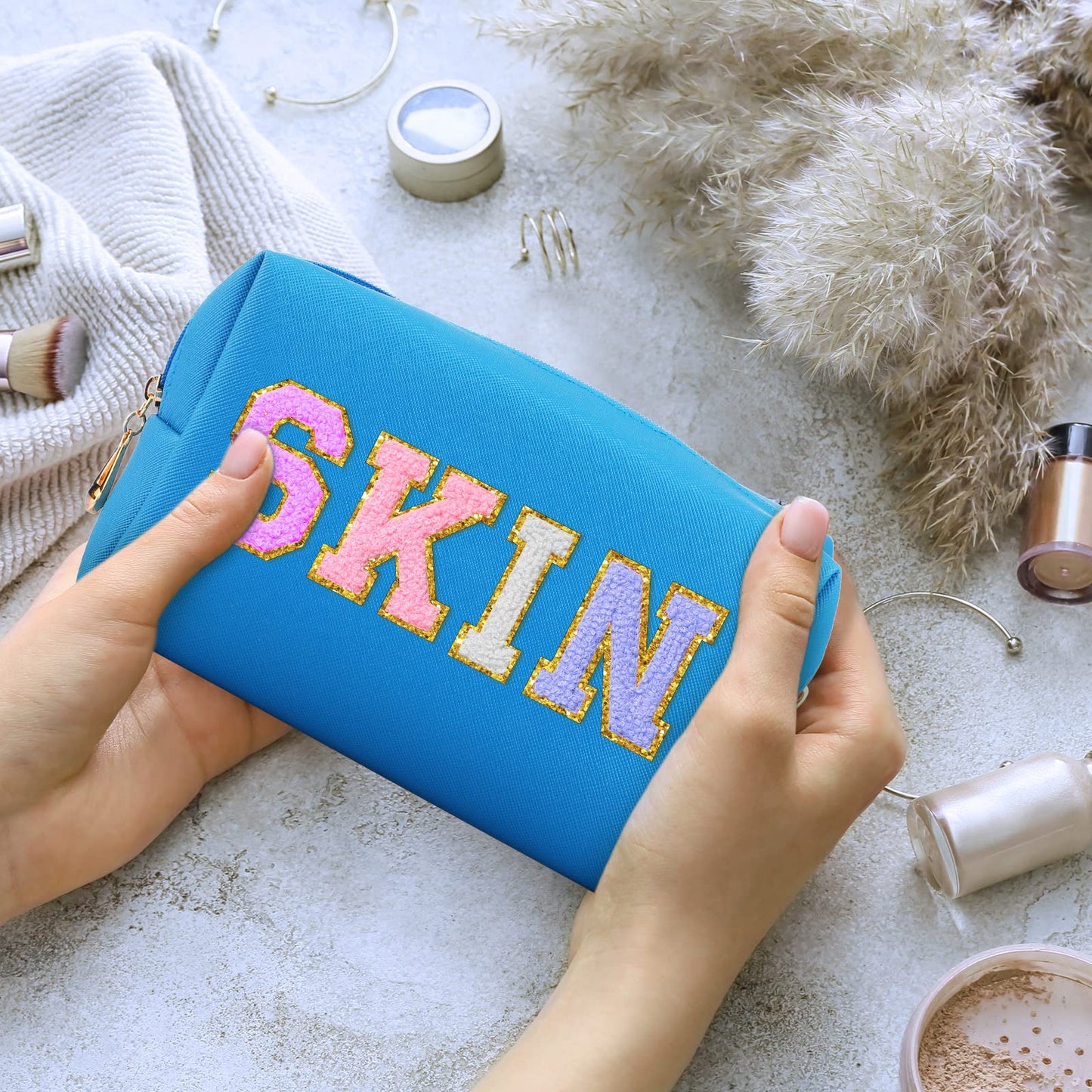 Sanwuta 9 Pcs Makeup Bags Bulk PU Double Zippers Cosmetic Bag Makeup Toiletry Small Pouch Portable Travel Organizers Case for Women Bridesmaid Proposal Gifts(Blue)