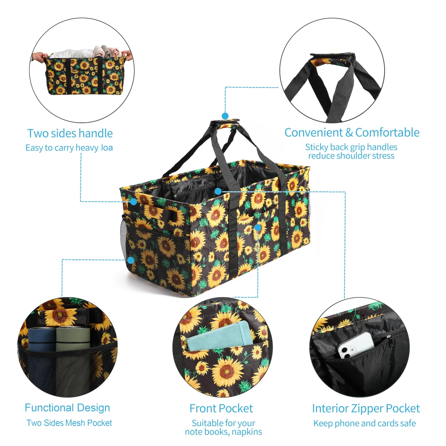 Joyfol Day Extra Large Utility Tote Bag, Reusable Grocery Bags Foldable, Upgraded Metal Frame, With Sturdy Handles Reinforced Bottom Heavy Duty Oxford Fabric Moving Shopping Bags, Sunflower