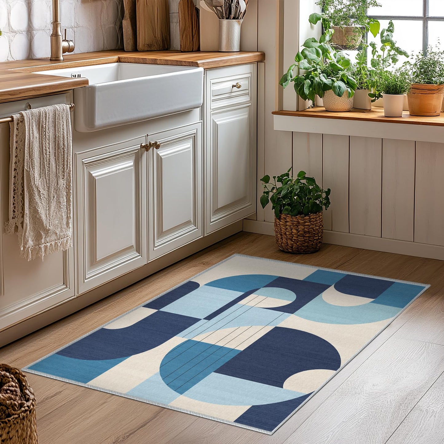 Snapjet 2x3 Blue and White Geometric Rug for Bathroom Entryway Abstract Modern Area Rug Machine Washable Mat Non-Slip Small Carpet for Bedroom Kitchen Indoor