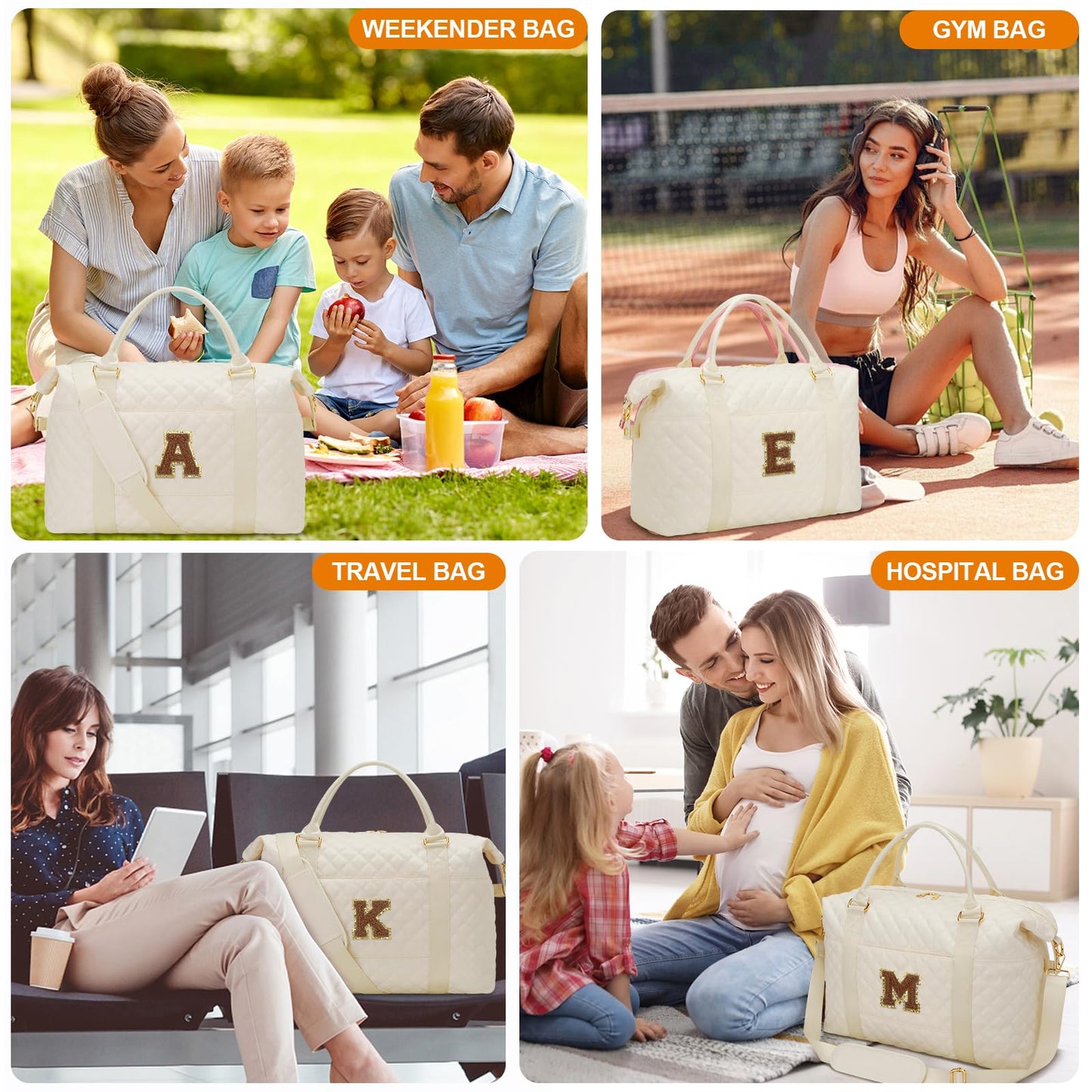 Gifts for Women, Initial Travel Duffle Bag, Personalized Weekender Overnight Bags, Gift for Mom Friend College Girl Graduation Teacher（Beige,A)