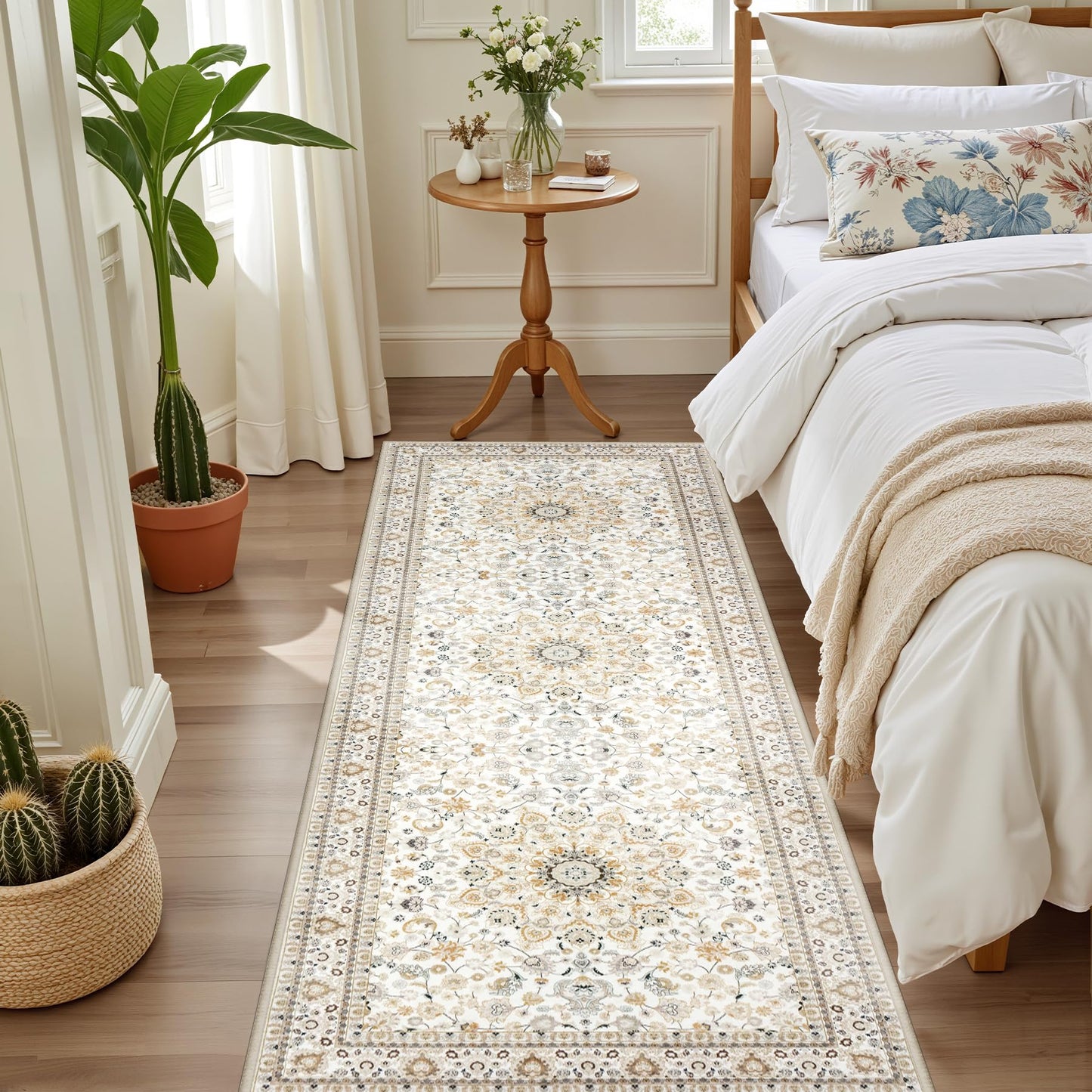 Hallway Runner Rug Non Slip - Washable 2.6x8 Kitchen Rugs for Living Room, Low-Pile Soft Bedroom Rug Indoor Floor Stain Resistant Carpets for Entryway, Laundry, Bathroom Beige