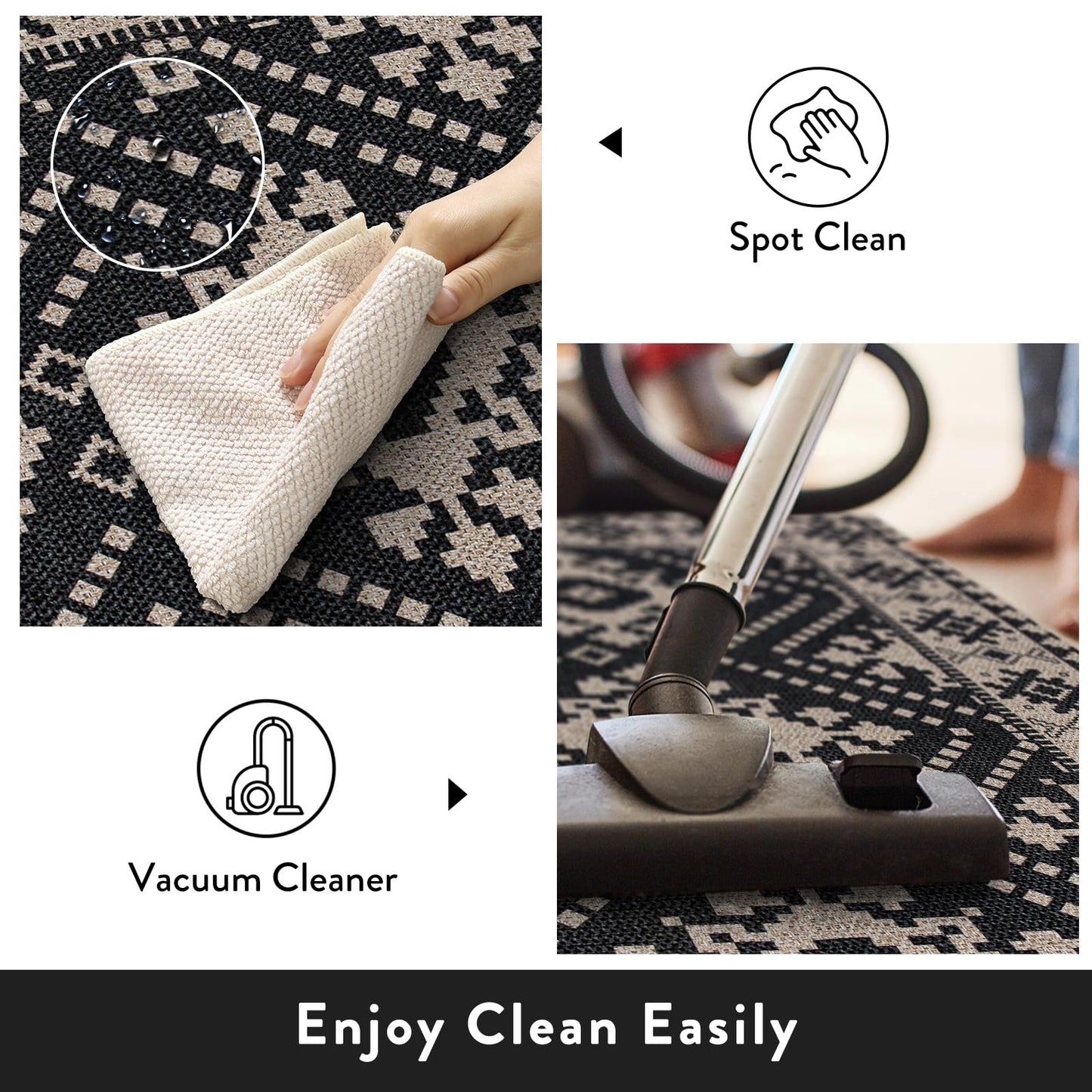 Lahome Bijou Moroccan Easy Jute Outdoor Runner Rug, 2x8 Washable Black Hallway Kitchen Runner Rug with Rubber Backing, Farmhouse Indoor Outdoor Carpet for Hallway 8ft Entryway Porch