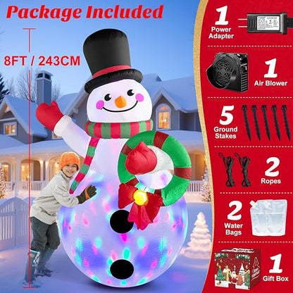 Christmas Inflatables Decorations Outdoor Blow Up Yard Snowman Rotating Led Lights, 8 Ft Tall Funny Large Merry Xmas Blowup Snow Man Outside Figures Vacation Front Lawn Holiday Winter Big Decor