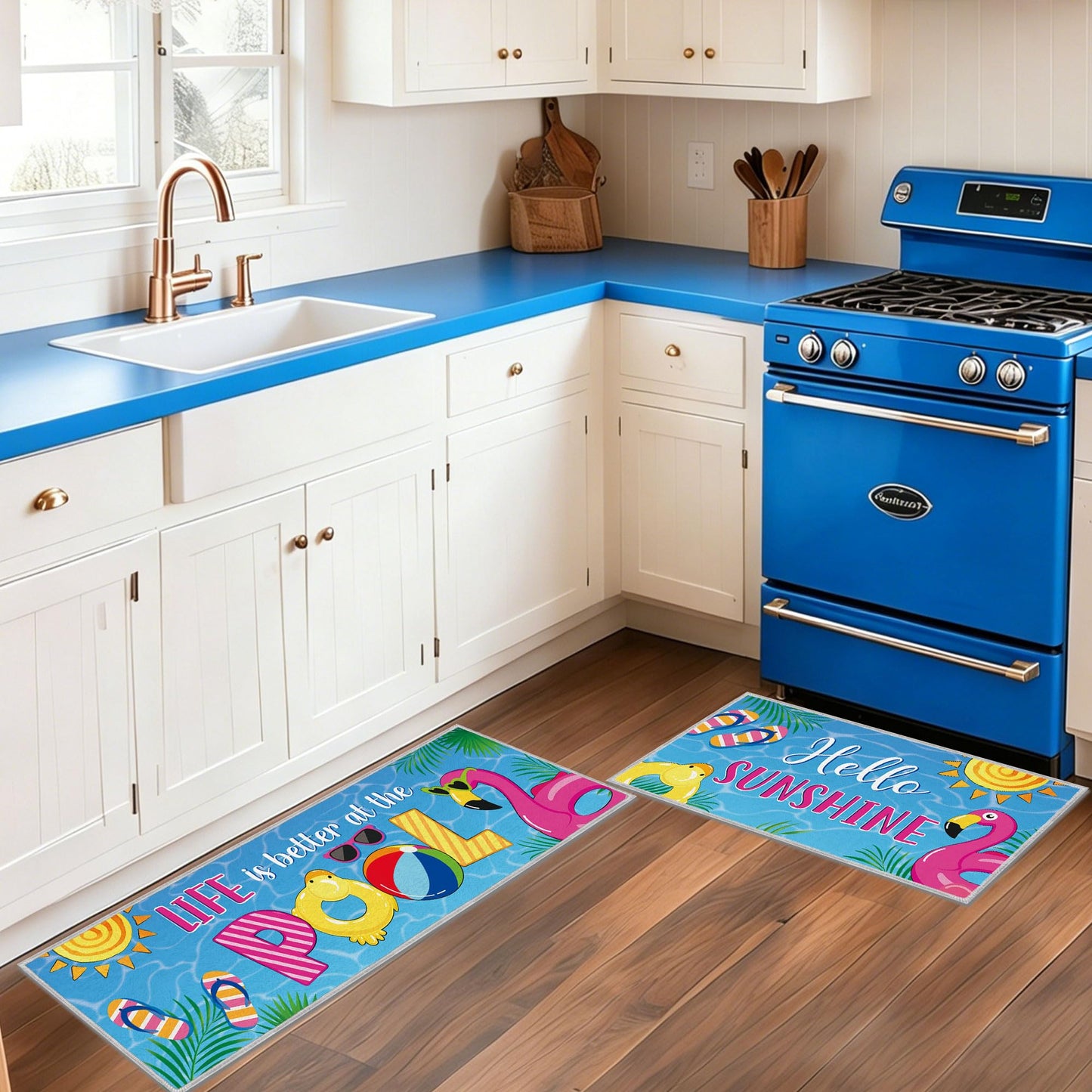 Romart Summer Kitchen Rugs Set, 2 Pcs Pool Party Flamingo Tropical Runner Rug and Floor Mat, Summer Kitchen Decor for Home Indoor Sink Area (16" x 28" & 16" x 47")