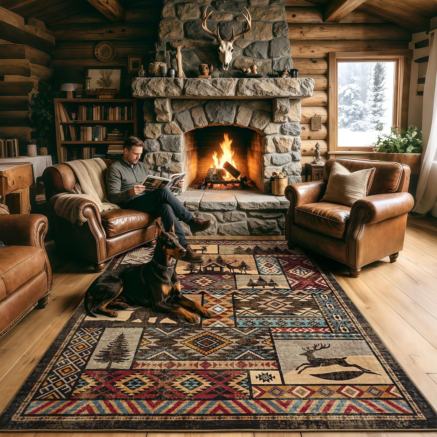 HOMORE Rustic Cabin Living Room Rugs 5x7, Washable Southwestern Area Rug Geometric Carpet with Bear Print, Western Rug for Bedroom Dining Room,Brown