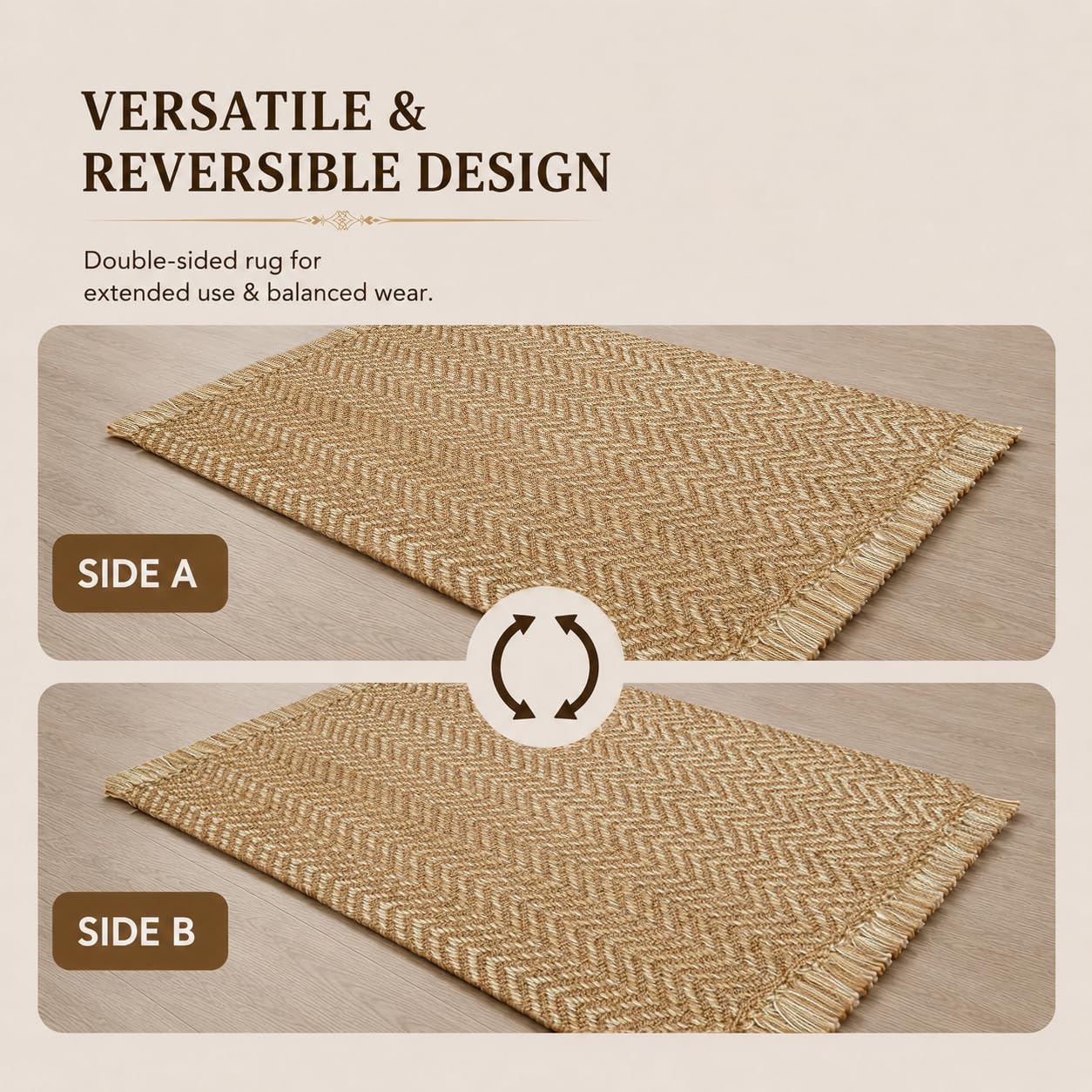Chevron Weave with Fringes Woven Area Rug 2x3 Ft - Beige, Small Soft Decorative Reversible Front Door Mats Ideal for Entryway, Kitchen, Nursery, Office | Farmhouse Brown Accent Indoor Space Decor Mat
