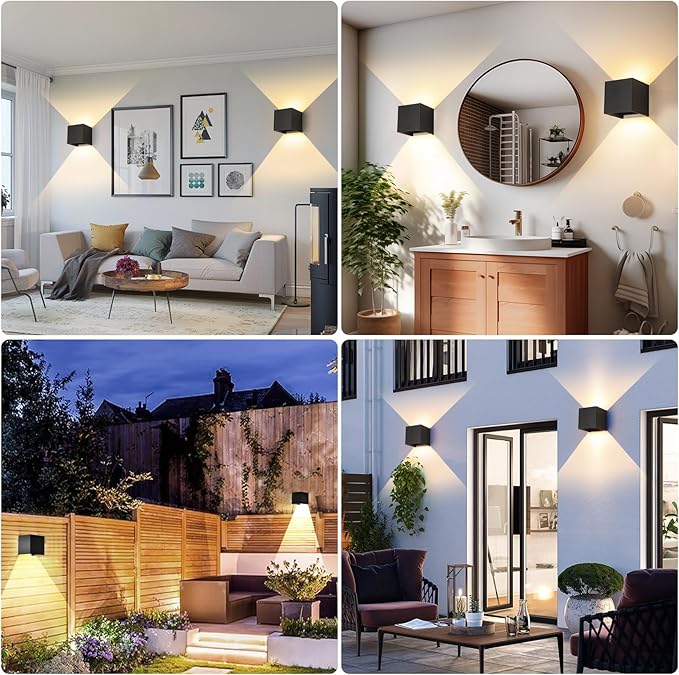 Outdoor Wall Sconce Lighting and Indoor Wall Light,15W Matte Black Square Outdoor Sconces,3 Color Temperature and Adjustable Beam for Garage,Entryway,Porch,Hallway,Living room Sconce(4.33-Inch 4 Pack)