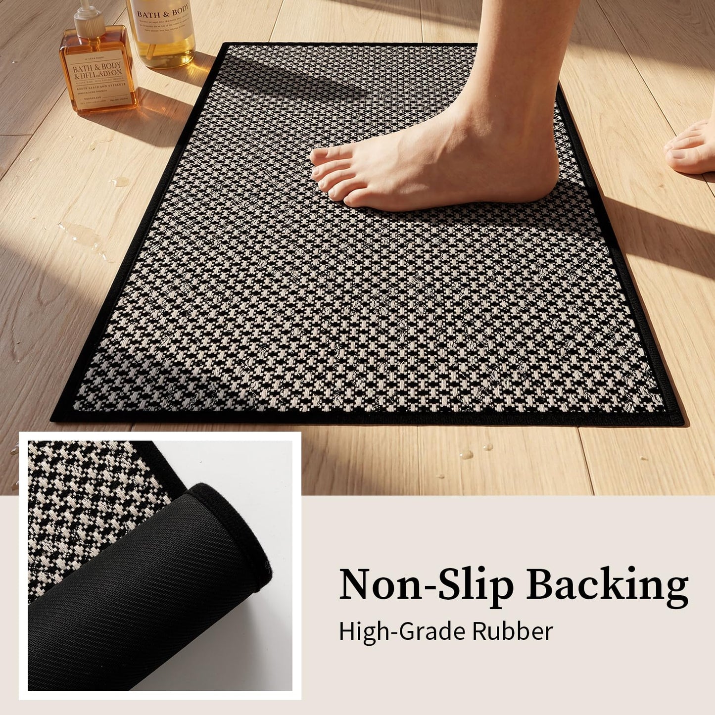 YIHOUSE Thin Bath Mat Black Bathroom Rugs Sets 2 Pieces, Non Slip Absorbent Mats Quick Dry, Woven Rugs Washable, Tapetes para Baño for Bathroom Toliet,Bathtub(17"x24"+17"x32")