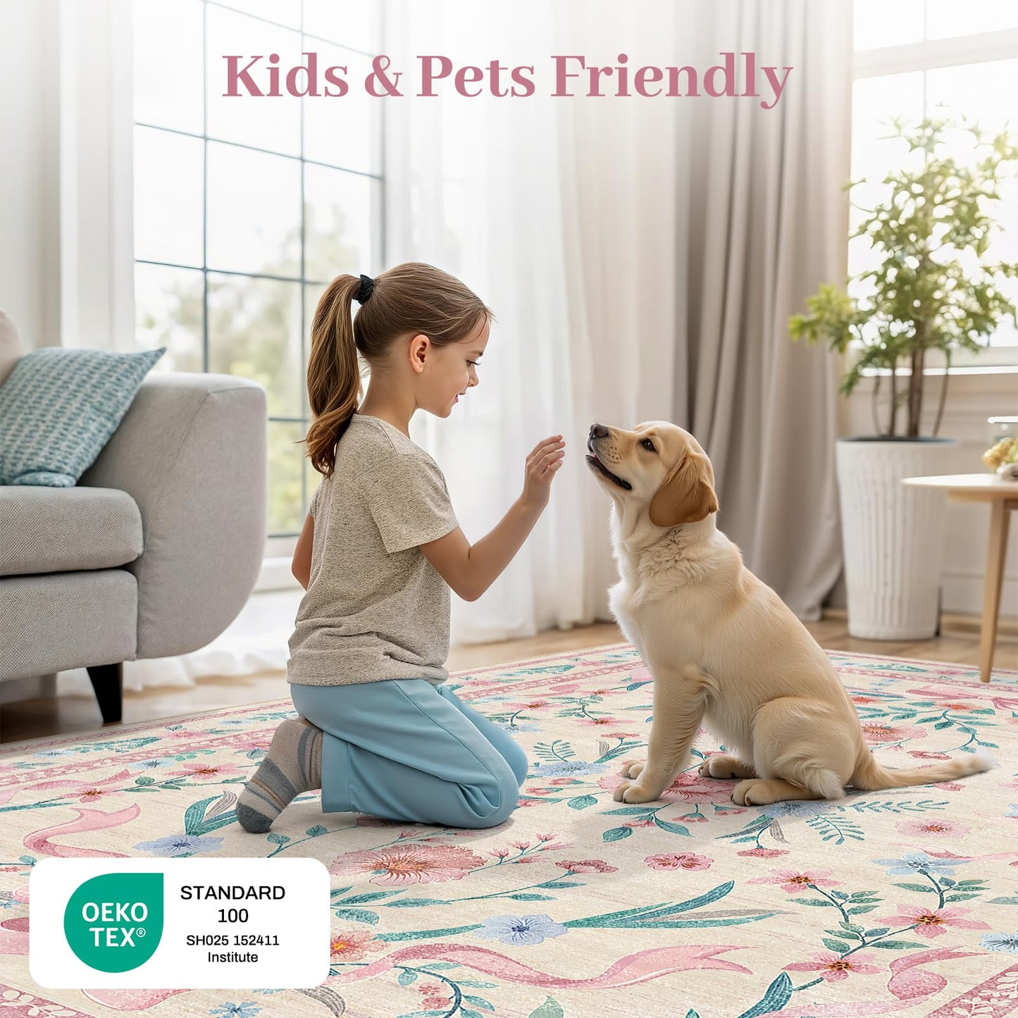 Kiginara Coquette Pink Bow Rug 5x7, Washable Floral Area Rug for Girls Bedroom & Nursery, Soft Low Pile Non Slip Carpet for Kids Room, Dorm, Playroom, Living Room