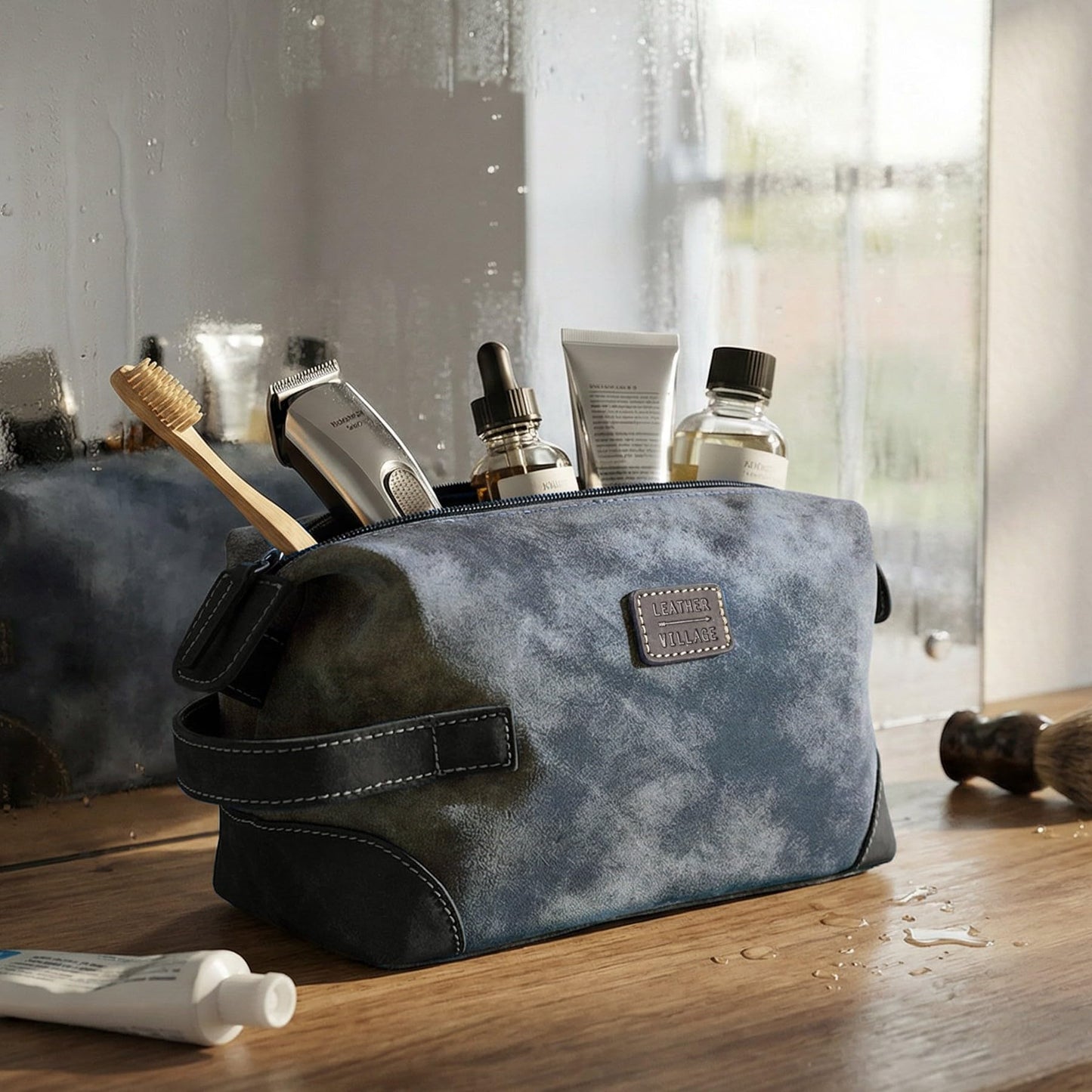 LEATHER VILLAGE Genuine Leather Dopp Kit for Men & Women with Waterproof Lining – Distressed Travel Toiletry Bag, Shaving & Bathroom Essentials Organizer - Distressed Blue