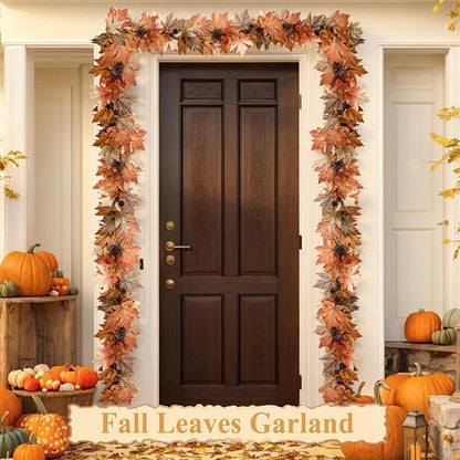 9 FT Fall Garland with Lights Timer Function Autumn Fall Leaves Garland with Berries Pine Cones Realistic Automatic ON/Off Timer Fall Decorations for Home Mantle Fireplace Porch Door Table