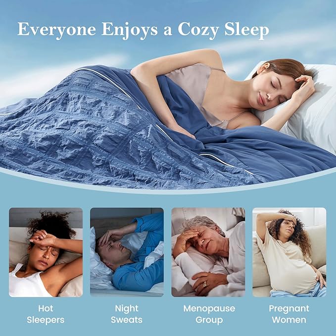 Cozy Bliss Cooling Comforter Seersucker Plaid Full, Q-Max 0.4 Reversible Lightweight Cooling Blanket, Breathable Silk Smooth Summer Bedding Quilt for Hot Sleepers Night Sweats Denim Blue