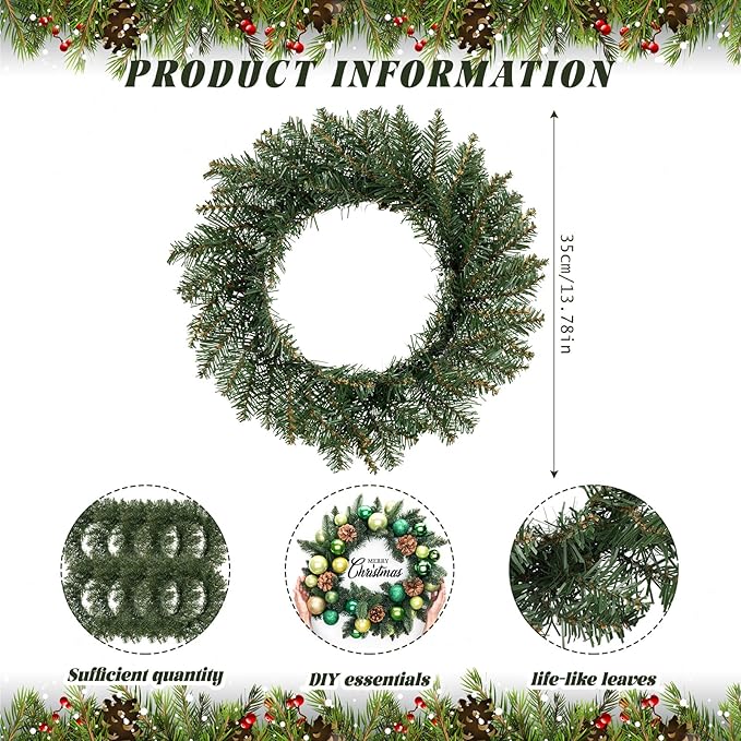 Zeyune Christmas DIY Green Wreath 14 Inch Artificial Christmas Wreaths Faux Plain Wreaths for Decorating Front Door Window Room Farmhouse Xmas Party Indoor Outdoor(Fresh,8 Pcs)