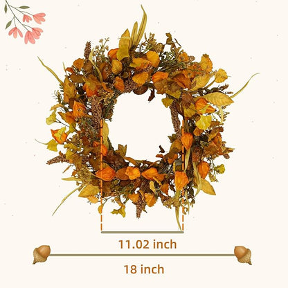 YNYLCHMX 18" Fall Wreaths for Front Door, Artificial Autumn Wreath with Cape Gooseberry and Ginkgo Leaves for Home Porch Window Wall Farmhouse Decor, Indoor Outdoor, Holiday Decor
