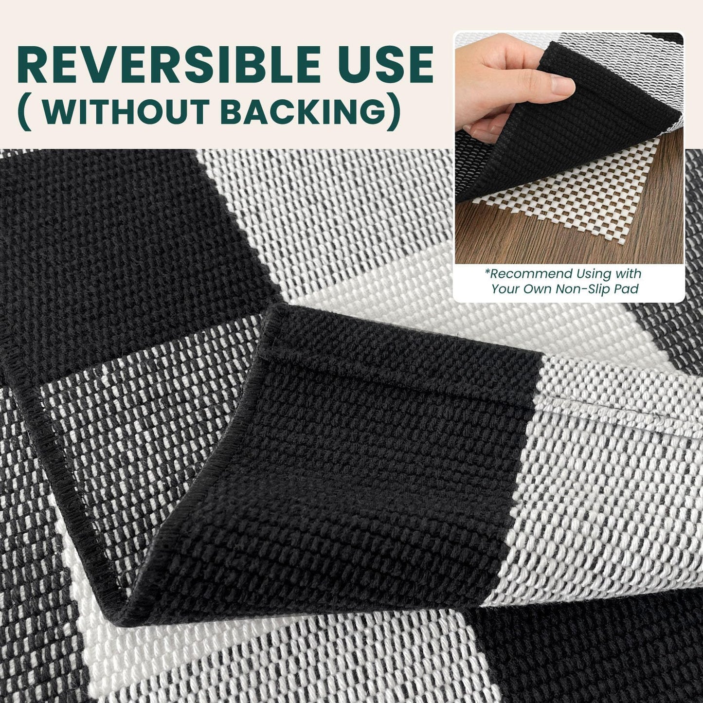 KOZYFLY Buffalo Plaid Area Rug 5x8 Living Room Rug Washable Cotton Black and White Checkered Rugs Outdoor Carpet for Dining Room Bedroom Farmhouse Patio Rugs