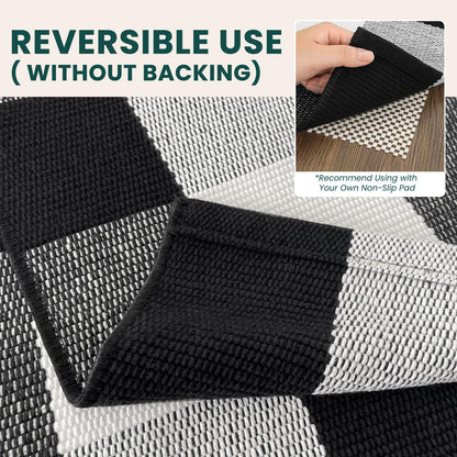 KOZYFLY Buffalo Plaid Area Rug 5x8 Living Room Rug Washable Cotton Black and White Checkered Rugs Outdoor Carpet for Dining Room Bedroom Farmhouse Patio Rugs