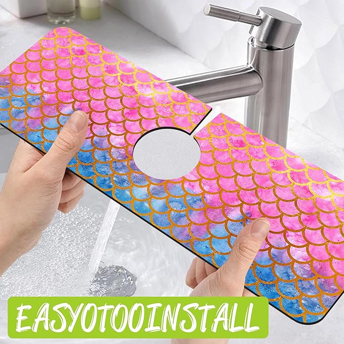 Sink Splash Guard Faucet Mat Watercolor Fish Scales Absorbent Fast Drying Mat