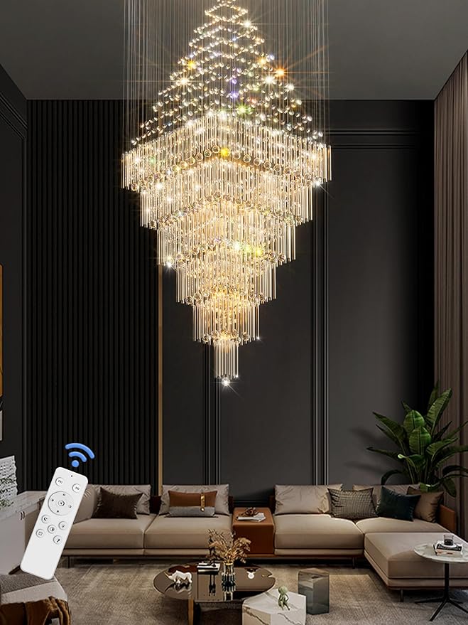 Flashing God D59''X H120'' Extra Large Chandeliers for High Ceilings Crystal Raindrop Chandeliers Large Villa Chandelier Entrance Foyer Crystal High Ceiling Light LED Dimmable 2700K-6000K Quadrate