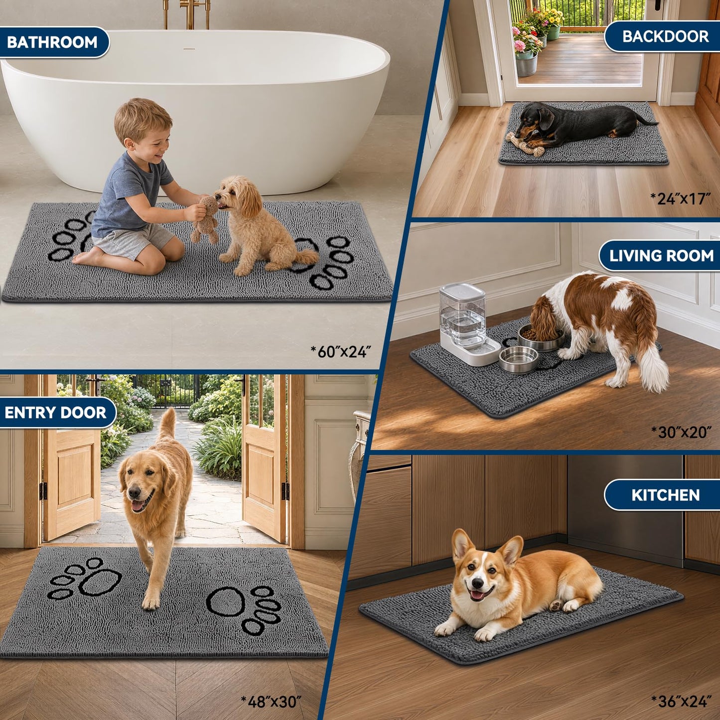 Bcoimo Super Absorbent Chenille Doormat – Non-Slip Quick Dry Entryway Rug Ideal for Homes with Dogs, Machine Washable Dirt Trapper for Muddy Paws (Grey 30×20 Inches)