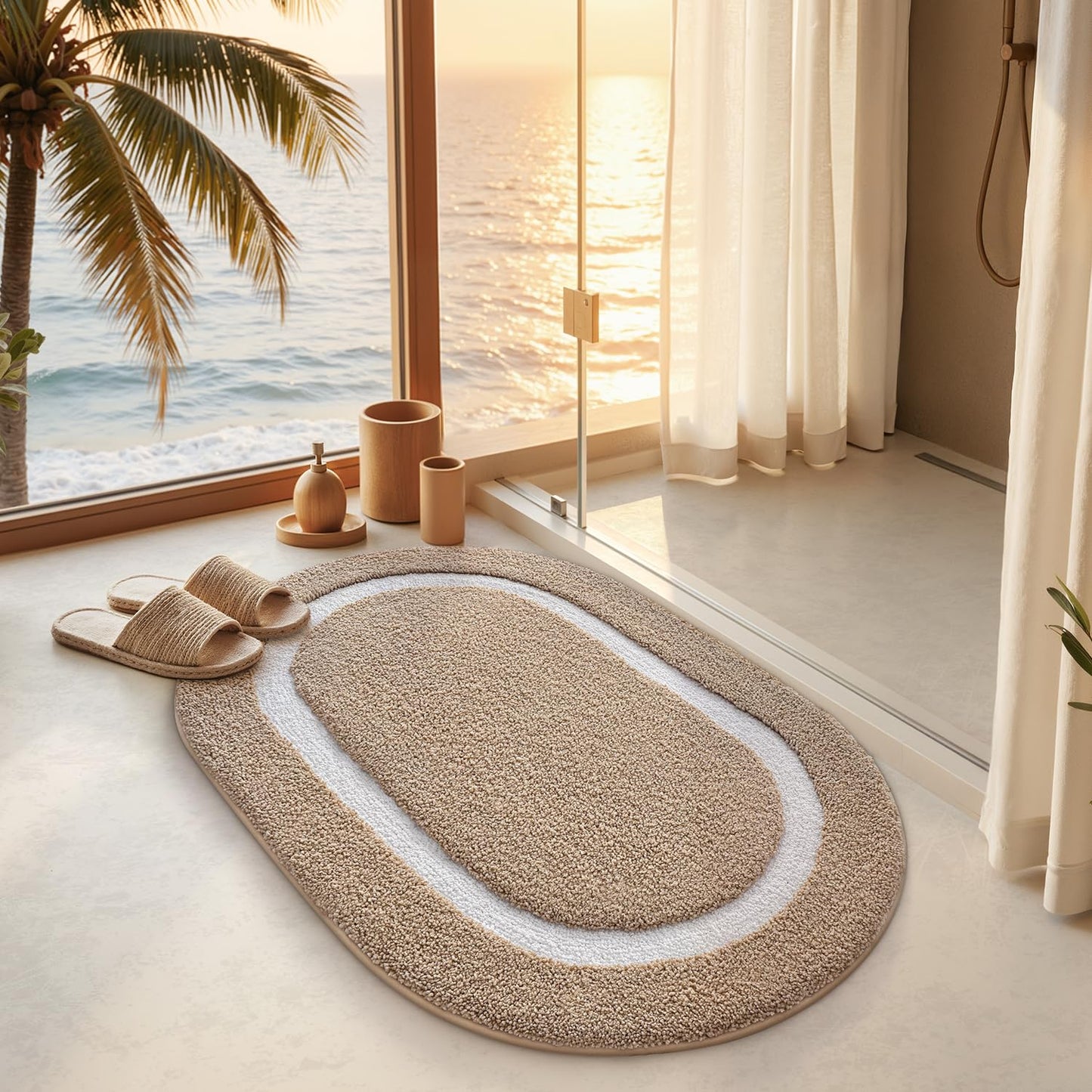 LUMI Bath Mat Oval Bathroom Rug, 20"x32" Non Slip Washable Bathroom Mats, Premium Water Absorbent Shower Rug for Accessories Decor, Khaki