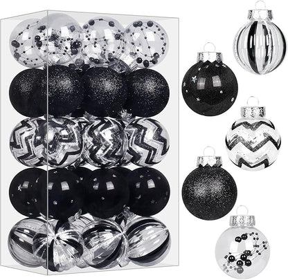SY Super Bang 30PCS Black Christmas Ornaments Set, 60MM/2.36" Clear Plastic Shatterproof Ball Ornaments for Christmas Tree Hanging Decorations, for Home Holiday Party Xmas Decor.