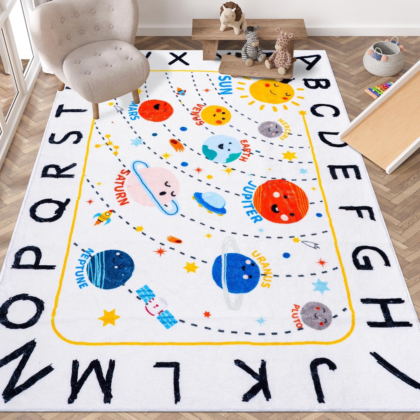 LTKOUGFAM ABC Space Kids Rug,4'11" x 6'7" Non-Slip Solar System Alphabet Rugs, Washable Rug, Soft Plush Educational Large Rug for Classroom playroom Bedroom Kids Room Decor(for Age 2+)