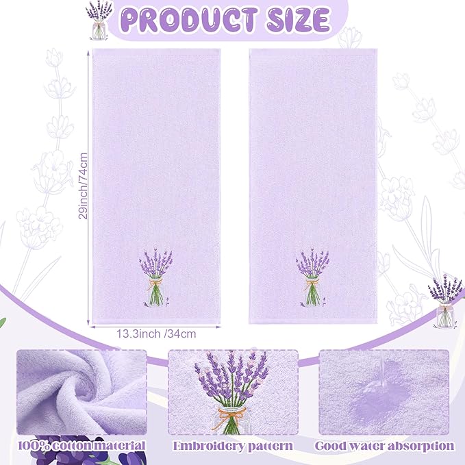 2 Pcs Lavender Hand Towels Purple Bathroom Decor 14x29 Inch Embroidered 100%
