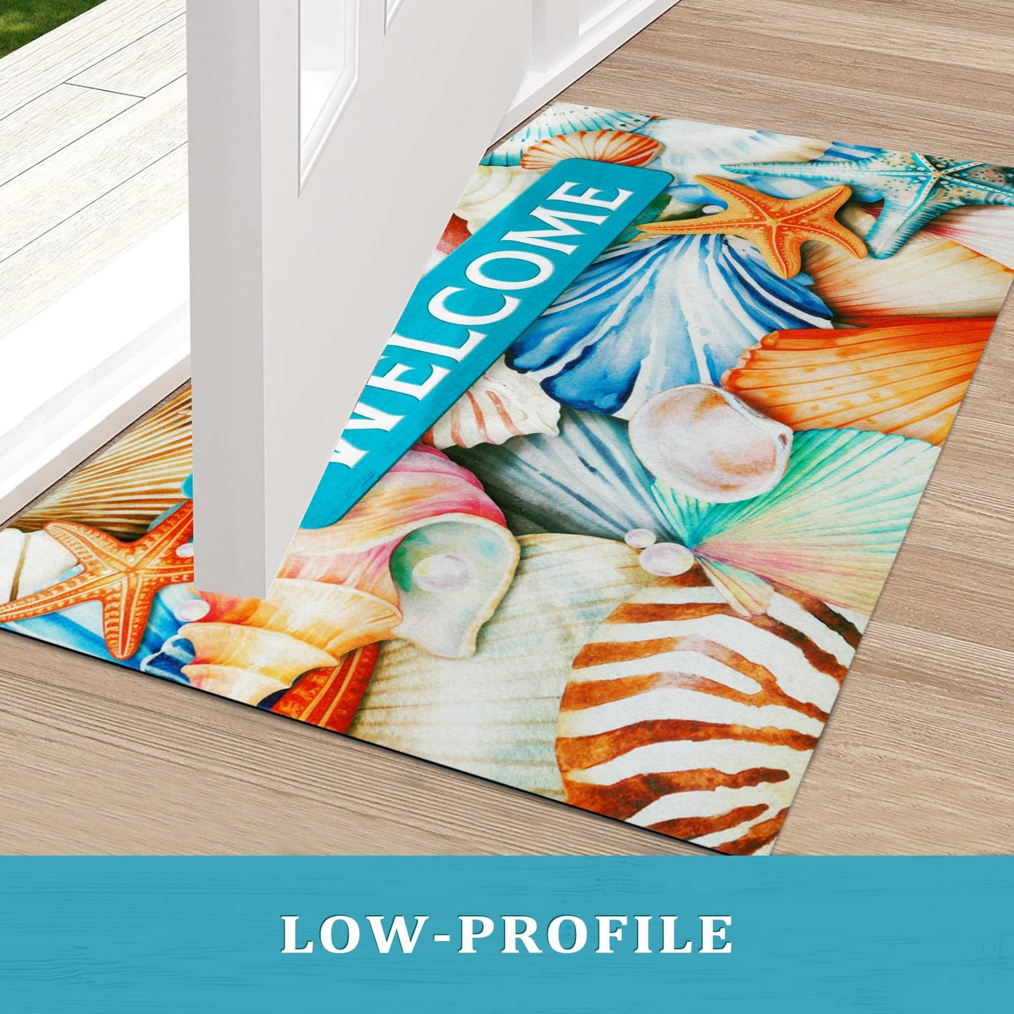 Likiyol Summer Door Mat Outdoor Indoor Welcome Mat, Ocean Beach Front Door Mat Outside Entrance, Non Slip Washable Rubber Entryway Rug Seashell Outdoor Mats for Front Door, Low Profile, 18" x 30"