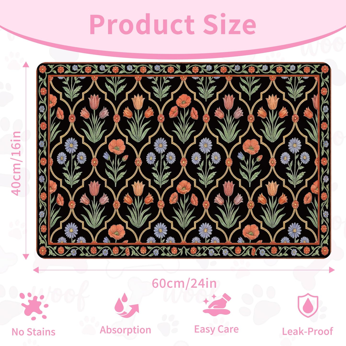 Pet Feeding Mat 24 x 16 Inch, Black Floral Pet Placemat Absorbent Quick-Dry for Food and Water, Waterproof Non Slip Rubber Bowl Pad Mat for Floors