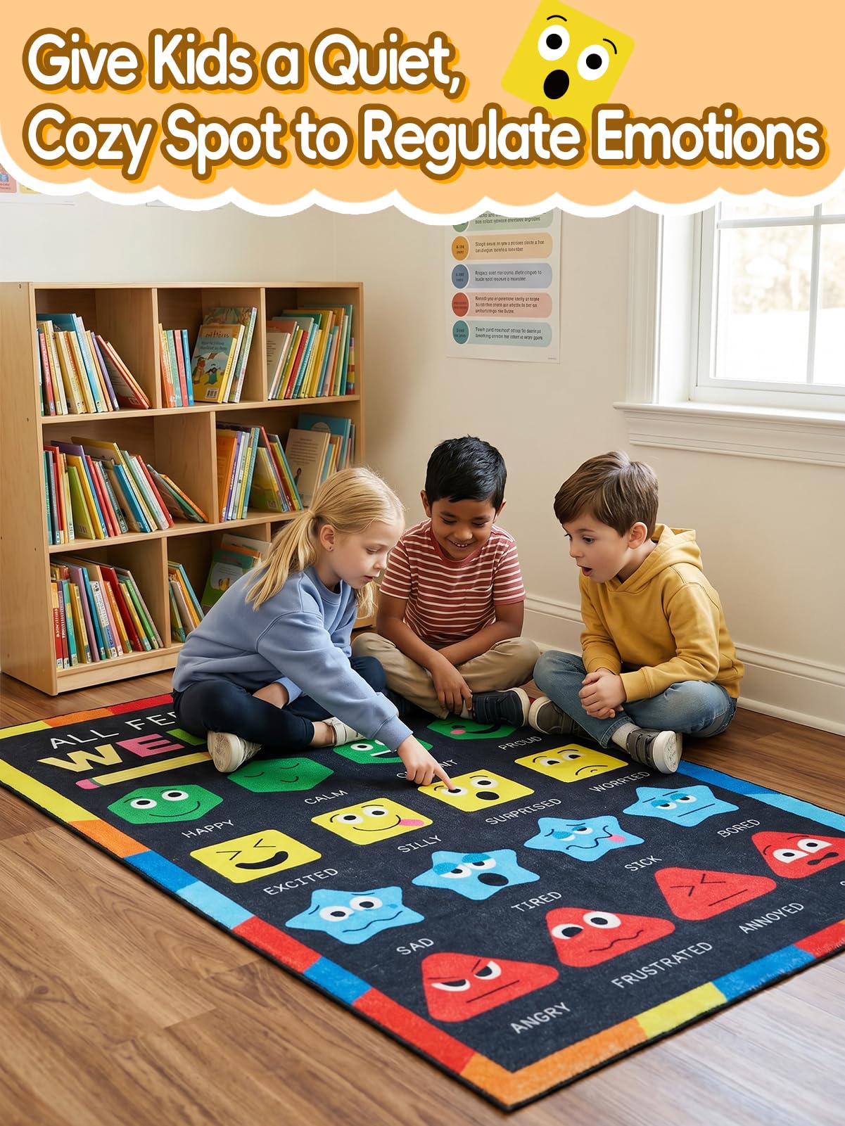 Beeplove 36''x60'' Calm Down Corner Supplies Classroom Rug - Non-Slip Backing with 8 Grippers, Feelings Chart Kids Reading Rug for Preschool Nursery Back to School Classroom Decor, Raibow & Black