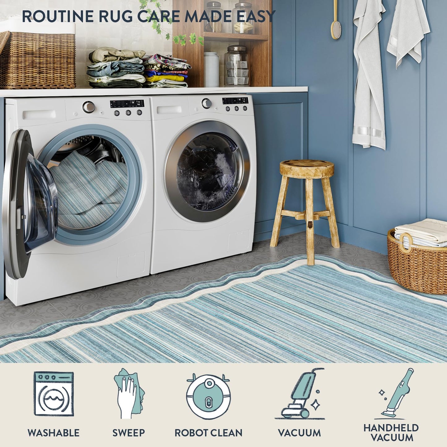 Lahome Estelle Scalloped 8x10 Area Rugs for Living Room, Washable Soft Blue Rug for Bedroom, Abstract Modern Non Slip Low Pile Indoor Carpet for Dining Room Home Office (Blue,8x10)