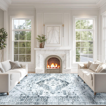 BESTSWEETIE 8x10 Area Rug for Living Room Washable Rugs No Pile Carpet for Entryway Bedroom Dinning Room Playroom Vintage Boho Carpet Print Distressed Non-Slip, 8 x 10 ft, Gray Black